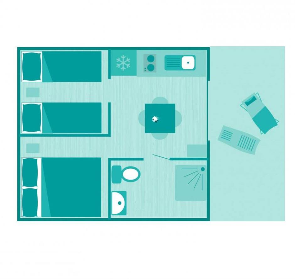 Plattegrond van de Lodgetent 4 personen 2 slaapkamers 
