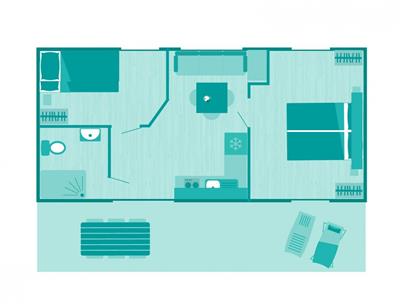 Plattegrond van de stacaravan voor 4/6 personen met 2 slaapkamers en airconditioning toegankelijk voor mensen met beperkte mobiliteit