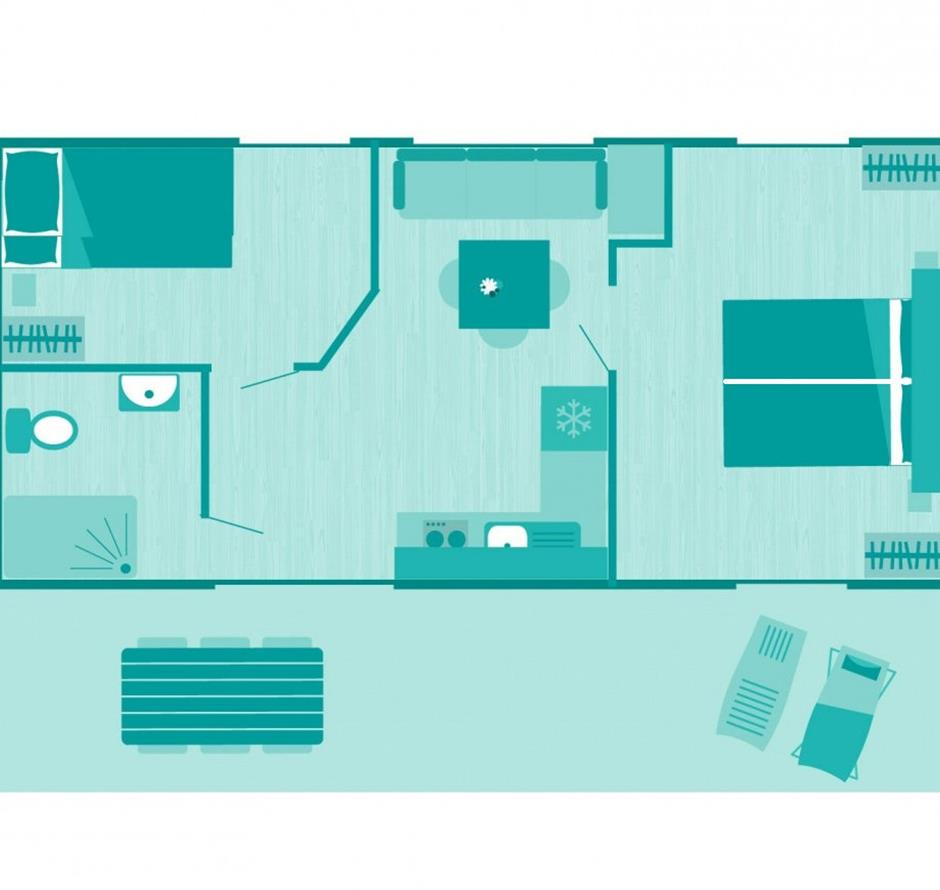 Plattegrond van de stacaravan voor 4/6 personen met 2 slaapkamers en airconditioning toegankelijk voor mensen met beperkte mobiliteit 