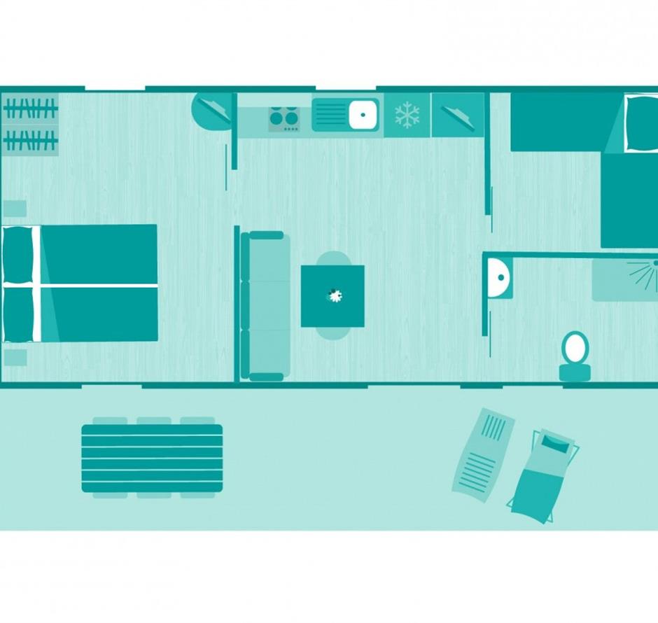 Plattegrond van de Cottage 4 personen 2 slaapkamers PMR 