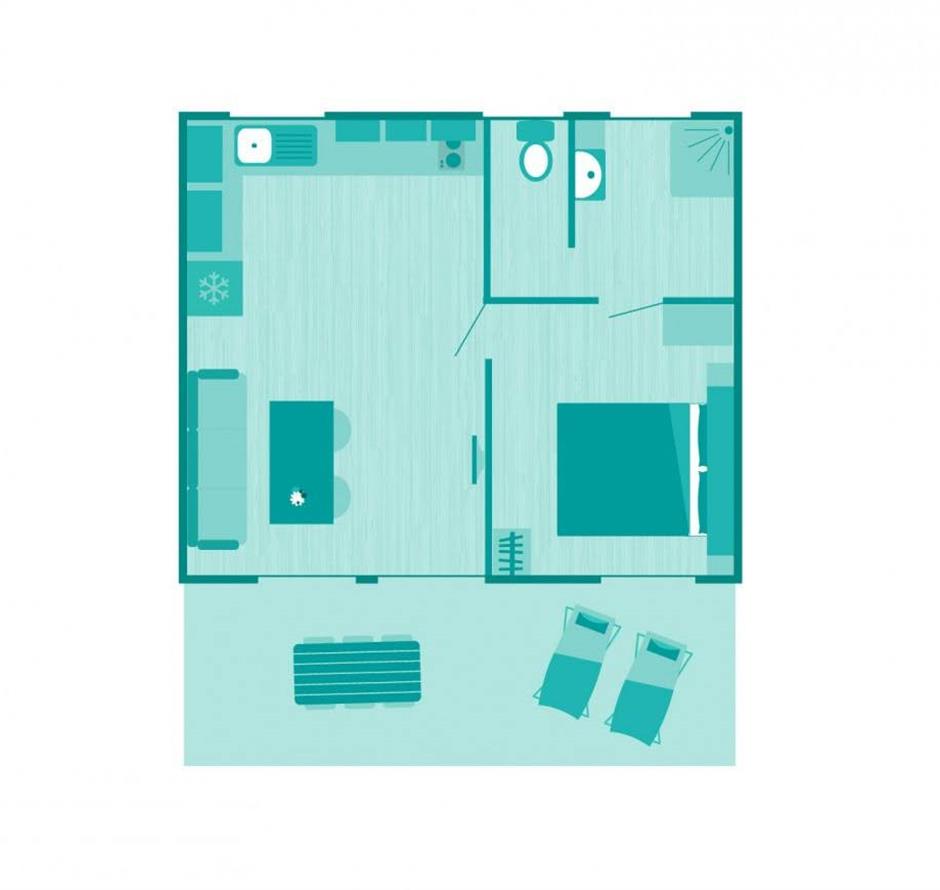 Plattegrond van de Cottage 2-3 pers 4 bloemen 