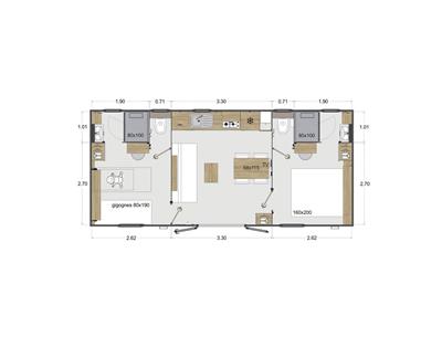 Plattegrond van de Cottage 4 personen 2 slaapkamers 2 badkamers 4 bloemen
