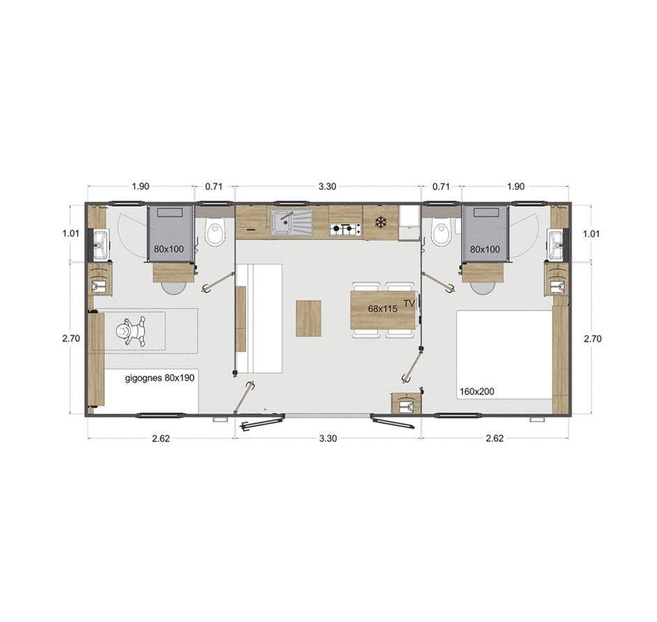 Plattegrond van de Cottage 4 personen 2 slaapkamers 2 badkamers 4 bloemen 