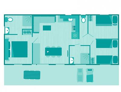 Plattegrond van de Cottage 6 personen 3 slaapkamers 4 bloemen
