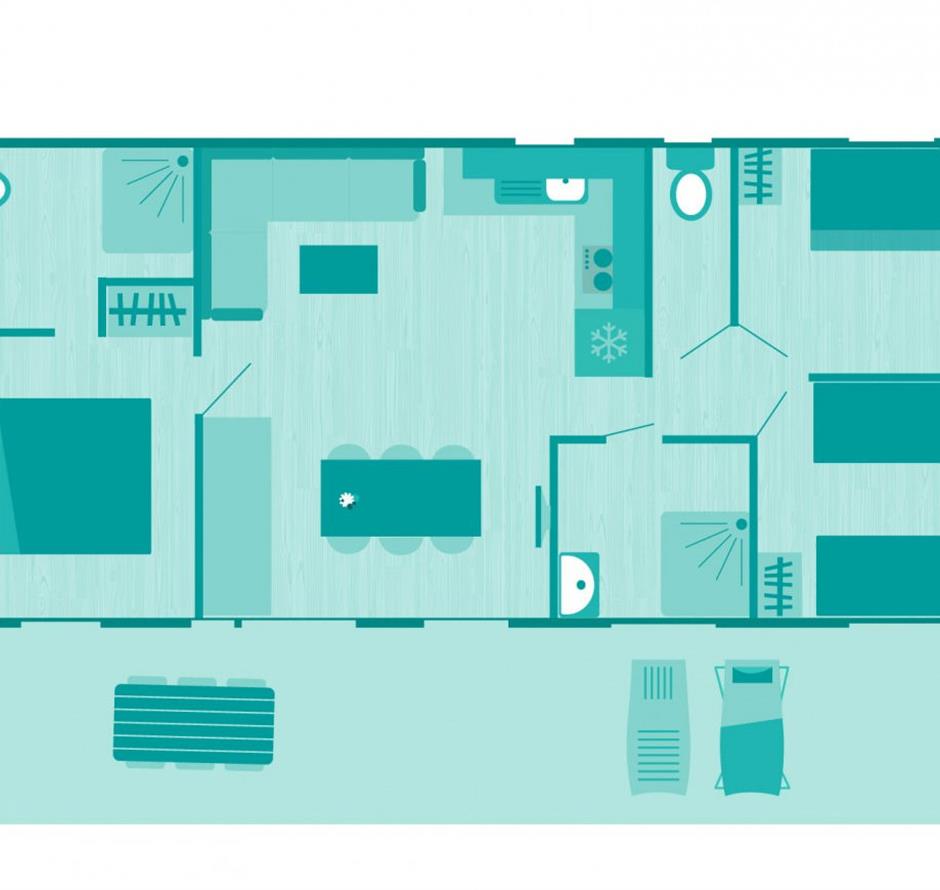 Plattegrond van de Cottage 6 personen 3 slaapkamers 4 bloemen 