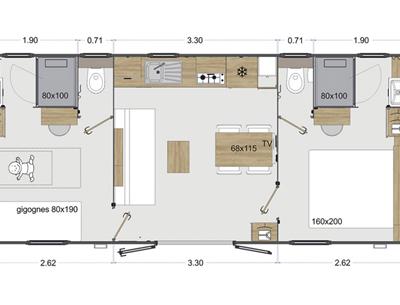 Plattegrond van de Cottage 4 personen 2 slaapkamers 2 badkamers 4 bloemen