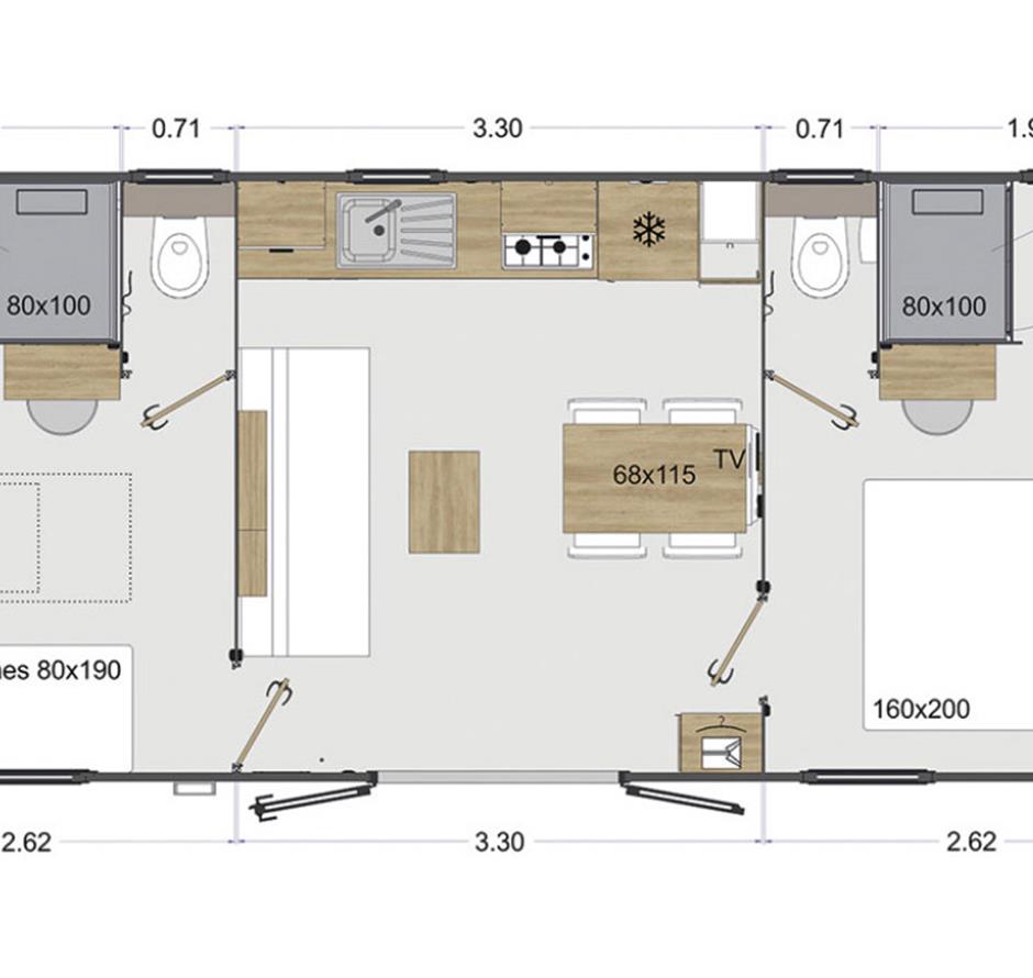 Plattegrond van de Cottage 4 personen 2 slaapkamers 2 badkamers 4 bloemen 