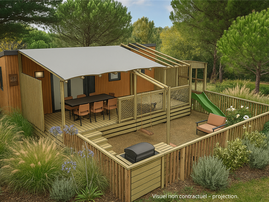 Buitenkant van het Premium-huisje voor 6 personen - CAMPING**** Les Sirènes